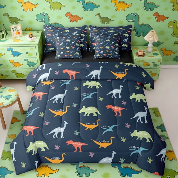 Manfei Minimalist Dino Animals 7pcs Queen Bedding,Vintage Paw Print Bedding Comforter Set Queen,Blue Green,Black Reversible