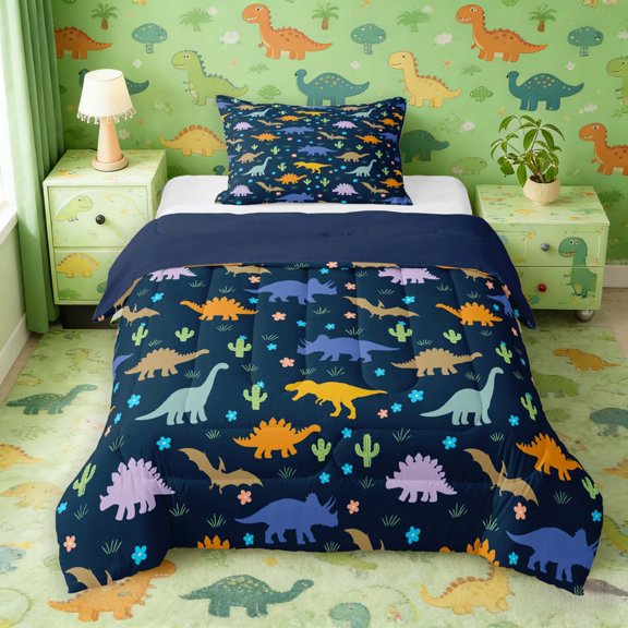 Manfei Minimalist Dino Animals Twin Comforter Sets,Vintage Cactus Flower Bedding Set,Blue Yellow,Navy Blue Reversible,2 Pieces,1 Comforter and 1 Pillowcase