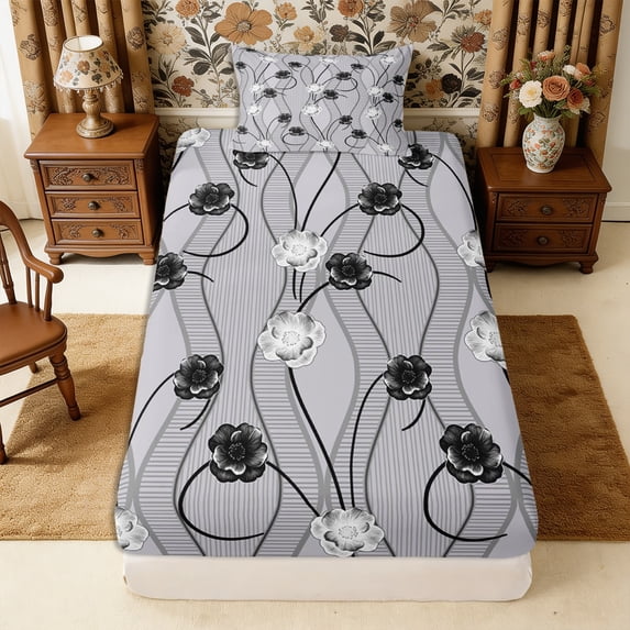 Manfei Minimalist Floral Stripes Twin Fitted Sheet 2 Pieces,Abstract Botanical Geometric Bedding,1 Fitted Sheet and 1 Pillowcase
