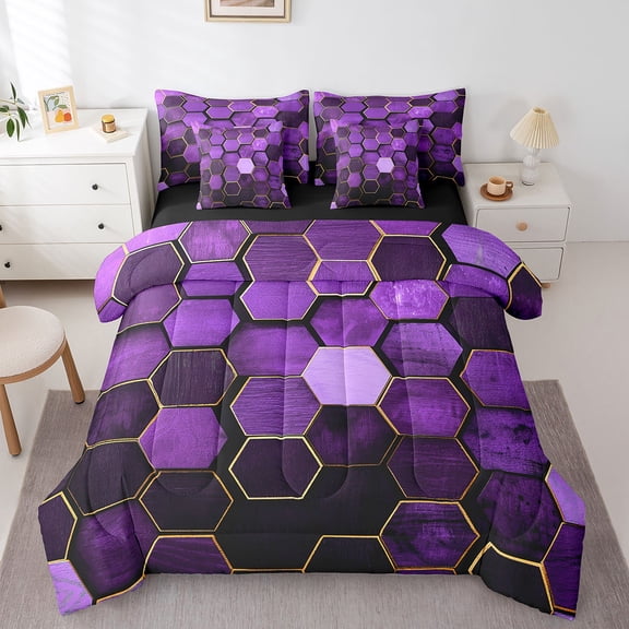Manfei Minimalist Geometric Bed in a Bag Full Size,3D Geometric Art Bed Set,Purple Bedding Full Size,Microfiber Bedroom Decoration Reversible,7 Pieces