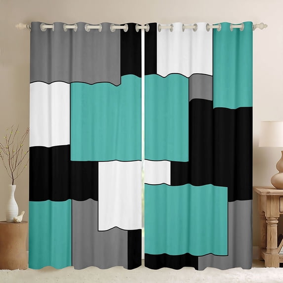 Manfei Minimalist Geometric Buffalo Kitchen Curtains, Abstract Black Out Curtains Pack of 2 (42x63 Each), Teal Black White Gray