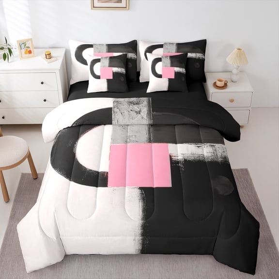 Manfei Minimalist Geometric Graffiti 7-Piece Bedding Comforter Set,Modern Abstract Art King Bedding Sets,Pink Black Bed Sheets For Kids,Ultra Soft Home Decor Reversible