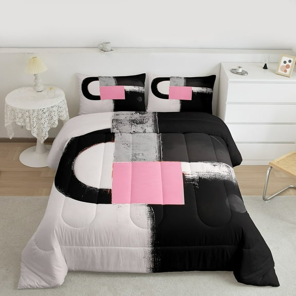 Manfei Minimalist Geometric Graffiti Bedding Comforter Set,Modern Abstract Art Twin Comforter Sets,Pink Black Bedding Set For Kids,Ultra Soft Home Decor Reversible,2pcs
