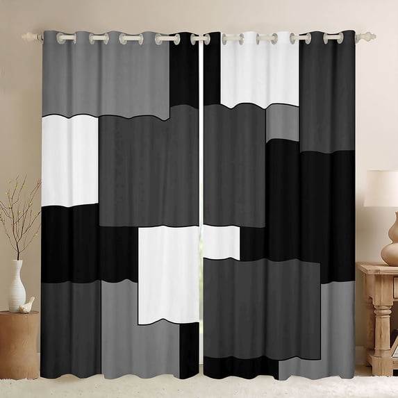 Manfei Minimalist Geometric Kitchen Curtains, Abstract Checkered Black Out Curtains Pack of 2 (42x63 Each), Black White Gray