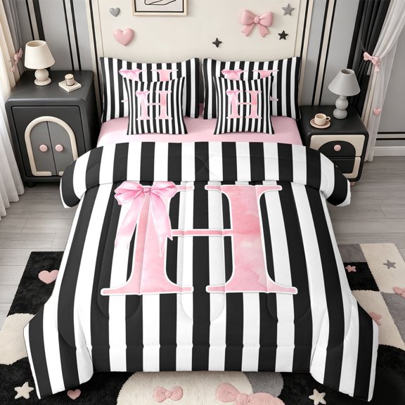 Manfei Minimalist Geometric Lines 7-Piece Twin Bedding,Initial Alphabet Bedding Comforter Set,Pink Reversible