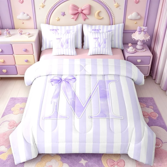 Manfei Minimalist Geometric Lines 7-Piece Twin Bedding,Purple Alphabet Letters M Bedding Comforter Set,Pink Reversible