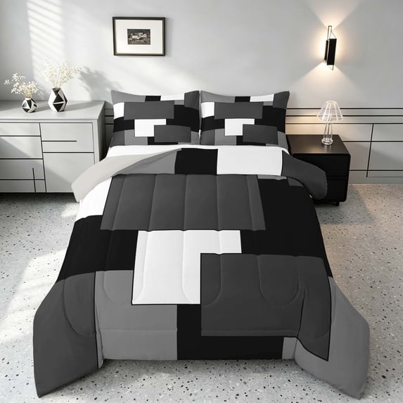 Manfei Minimalist Geometric Queen Comforter Set, Abstract Checkered Comforter Sets Queen, Black White Gray, Gray Reversible 3 Pieces, 1 Comforter and 2 Pillowcases