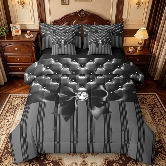 Manfei Minimalist Geometric Striped 7 Pieces Full Size Bedding Sets,Chic Bowknot Full Size Bed in a Bag,Black Reversible