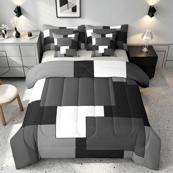 Manfei Minimalist Geometric Twin Bedding, Abstract Checkered Bedding Comforter Set, Black White Gray, Gray Reversible 7-Piece