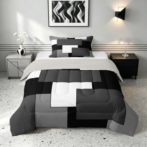 Manfei Minimalist Geometric Twin Comforter Sets, Abstract Checkered Bedding Set, Black White Gray, Gray Reversible 2 Pieces, 1 Comforter and 1 Pillowcase