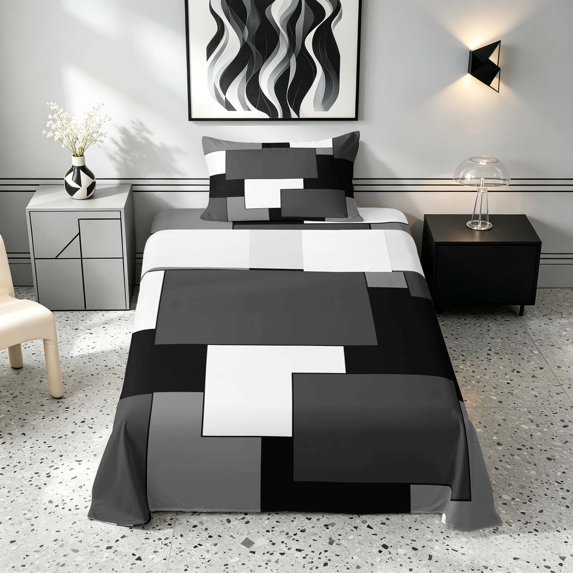 Manfei Minimalist Geometric Twin Sheets, Abstract Checkered Bedding, Black White Gray, Gray Reversible 3 Pieces1 Flat Sheet + 1 Fitted Sheet + 1 Pillowcase