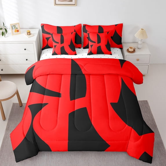 Manfei Minimalist Geometry Bedding King Size,Geometric Aesthetic Comforter Sets with Sheets,Red Black Bedding Sets King Size,Breathable Bedroom Decor Reversible,7pcs