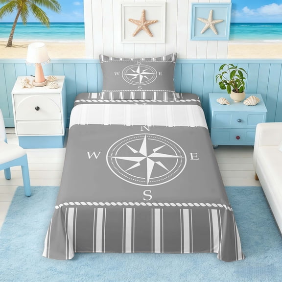 Manfei Minimalist Gray Compass Stripe Twin Sheet Sets for Kids Boys and Girls, Nautical Marine Print Bedding 3 Pieces, 1 Flat Sheet, 1 Fitted Sheet and 1 Pillowcase