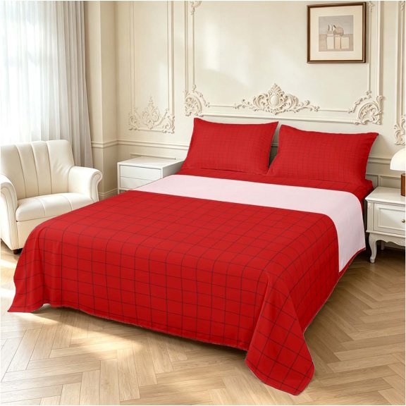 Manfei Minimalist Grid Bed Sheets,Geometric Plaid Full Size Sheets,Red,4pcs,1 Flat Sheet,1 Fitted Sheet and 2 Pillowcases