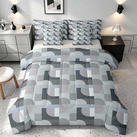 Manfei Minimalist Half Circle Twin Bedding, Gray Tone Block Bedding Comforter Set, Multi Gray, Gray Reversible 7-Piece