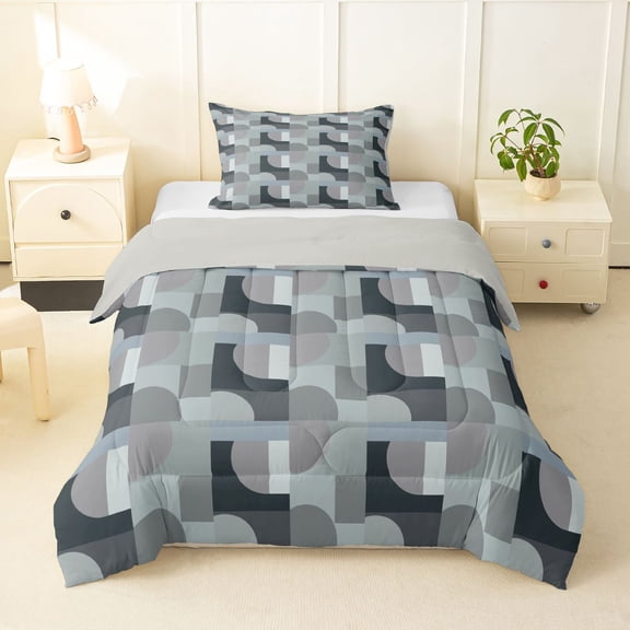 Manfei Minimalist Half Circle Twin Comforter Sets, Gray Tone Block Bedding Set, Multi Gray, Gray Reversible 2 Pieces, 1 Comforter and 1 Pillowcase