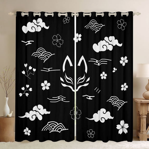 Manfei Minimalist Kitsune Black Out Curtains for Girls Women, Cherry Cloud Curtains Pack of 2 (42x63 Each), Black White