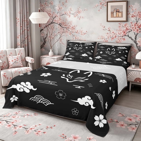 Manfei Minimalist Kitsune Queen Sheet Sets for Girls Women, Cherry Cloud Bed Set, Black White 4 Pieces, 1 Flat Sheet, 1 Fitted Sheet and 2 Pillowcases