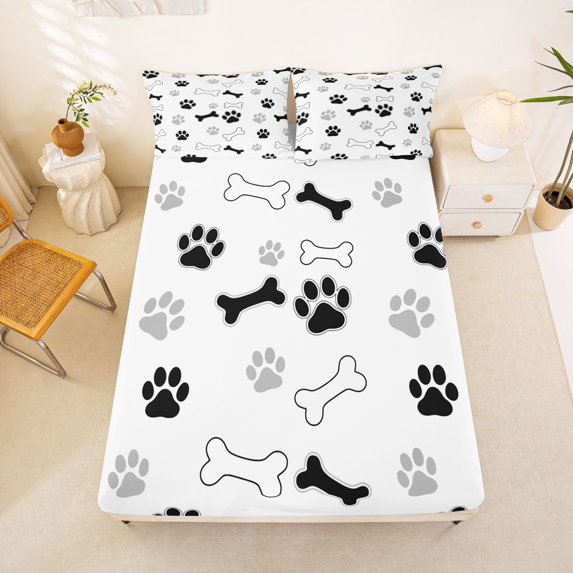 Manfei Minimalist Kitten Paw Fitted Sheet Full, Dog Bone Bed Set, White Gray, 3-Piece, 1 Fitted Sheet and 2 Pillowcases