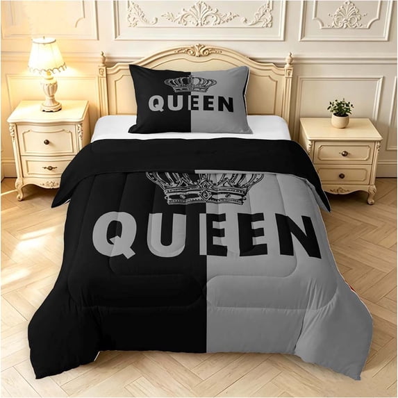 Manfei Minimalist Letter Queen Twin Comforter Sets,Crown Print Bedding Set,Black,Black Reversible,2 Pieces,1 Comforter and 1 Pillowcase