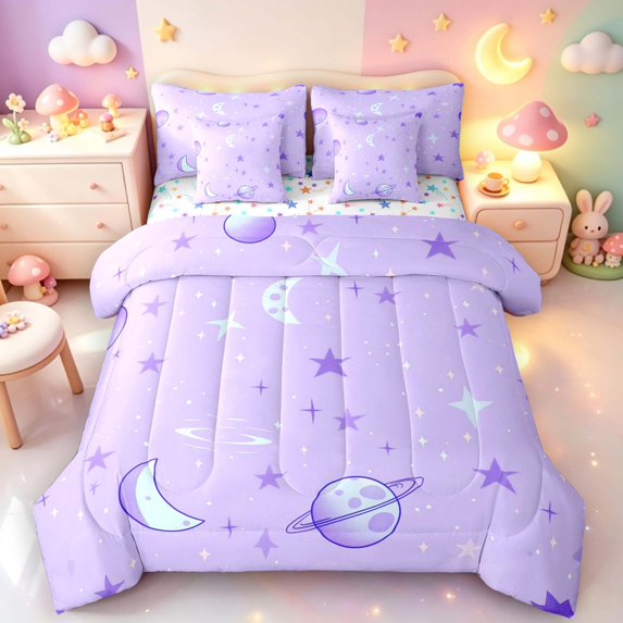 Manfei Minimalist Moon 7-Piece Twin Bedding,Cute Planets Bedding Comforter Set,Lavender Purple,Colorful Stars Reversible