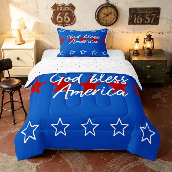 Manfei Minimalist Patriotic Stars Twin Comforter Sets, God Bless America Print Bedding Set, Blue Red White, Reversible 2-Piece, 1 Comforter and 1 Pillowcase