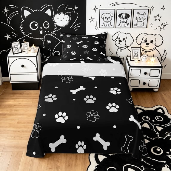 Manfei Minimalist Paw Twin Sheets, Dog Bone Silhouette Bedding, Black White, 3 Pieces, 1 Flat Sheet, 1 Fitted Sheet and 1 Pillowcase
