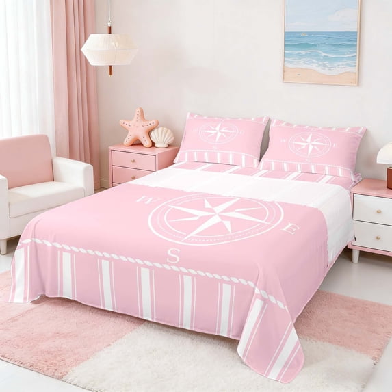 Manfei Minimalist Pink Compass Stripe Full Size Sheets for Kids Boys and Girls, Nautical Marine Print Bed Sheets 4 Pieces, 1 Flat Sheet, 1 Fitted Sheet and 2 Pillowcases