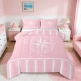 thumbnail image 1 of Manfei Minimalist Pink Compass Stripe Queen Comforter Set for Kids Boys and Girls, Nautical Marine Print Bedding Comforter Set, Pink Reversible 3 Pieces, 1 Comforter and 2 Pillowcases, 1 of 6
