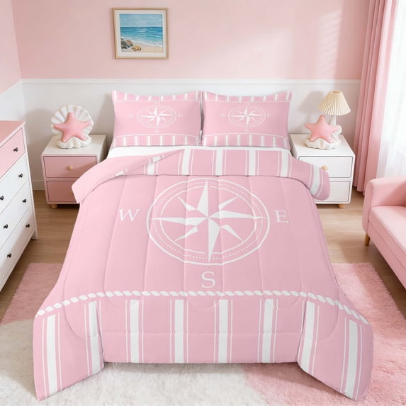 Manfei Minimalist Pink Compass Stripe Queen Comforter Set for Kids Boys and Girls, Nautical Marine Print Bedding Comforter Set, Pink Reversible 3 Pieces, 1 Comforter and 2 Pillowcases