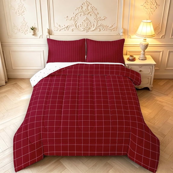 Manfei Minimalist Plaid Queen Comforter Set,Modern Grid Comforter Sets Queen,Dark Red White,Reversible,3pcs,1 Comforter and 2 Pillowcases,3pcs,1 Comforter and 2 Pillowcases