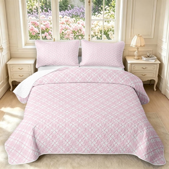 Manfei Minimalist Plaid Twin Quilt Set,Vintage Checkered Twin Coverlet Set,Pink White,2pcs,1 Bedspread and 1 Pillowcase