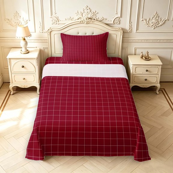 Manfei Minimalist Plaid Twin Sheets,Modern Grid Bedding,Dark Red White,3-Piece,1 Flat Sheet,1 Fitted Sheet and 1 Pillowcase