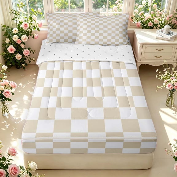 Manfei Minimalist Plaid Zipper Twin Comforter Sets with Fitted Sheet and 2 Pillowcases,Modern Grid Zipper Bedding Set,Beige White,Reversible,4pcs