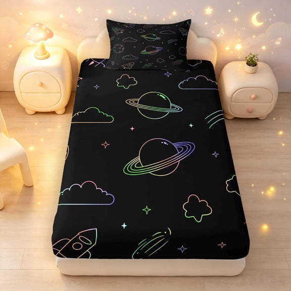 Manfei Minimalist Rocket Sketches Twin Fitted Sheet,Neon Planets Bedding,Black,2pcs