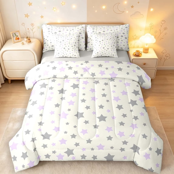 Manfei Minimalist Stars 7-Piece Twin Bedding,Sprinkle Print Bedding Comforter Set,Gray Purple,Light Gray Reversible