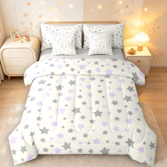 Manfei Minimalist Stars 7-Piece Twin Bedding,Sprinkle Print Bedding Comforter Set,Gray Purple,Light Gray Reversible