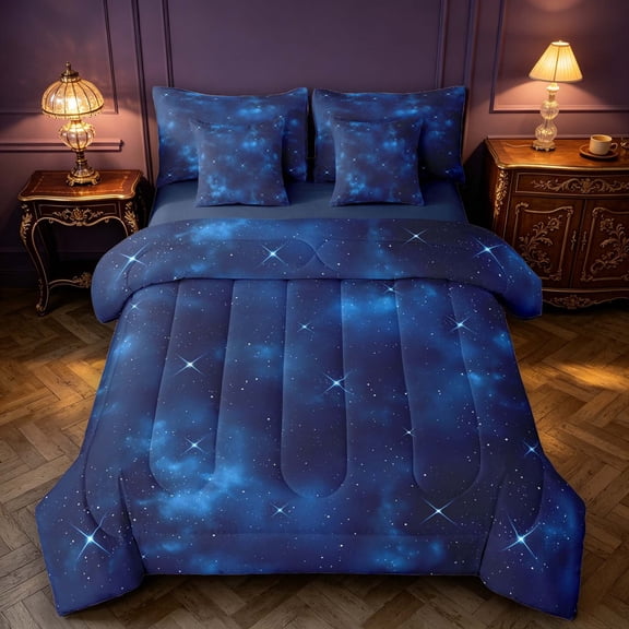 Manfei Minimalist Stars Cloud 7 Pieces Full Size Bedding Sets,Sparkling Deep Space Print Full Size Bed in a Bag,Navy Blue Reversible