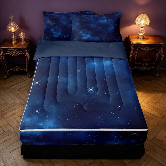 Manfei Minimalist Stars Cloud Zipper Twin Comforter Sets with Fitted Sheet and 2 Pillowcases,Sparkling Deep Space Print Zipper Bedding Set,Navy Blue Reversible,4pcs