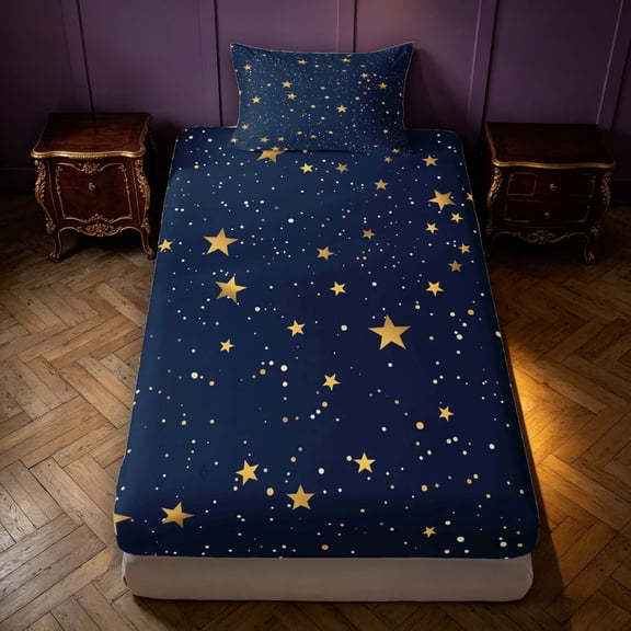 Manfei Minimalist Stars Fitted Sheet Full,Playful Design Bed Set,Navy Gold,3pcs