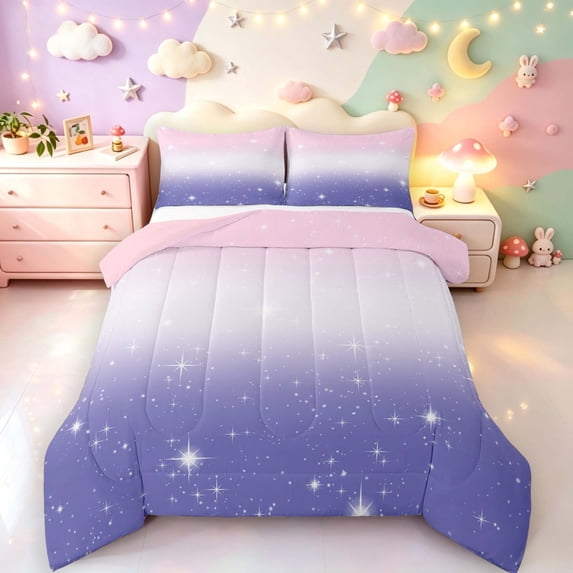 Manfei Minimalist Stars Full Size Comforter Sets,Watercolor Gradient Bedding Comforter Set,Pink Purple White,Pink Reversible,3pcs,1 Comforter and 2 Pillowcases