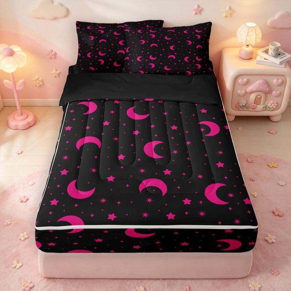 Manfei Minimalist Stars Moon Zipper Twin Comforter Sets with Fitted Sheet and 2 Pillowcases,Neon Pink Space Print Zipper Bedding Set,Black Reversible,4pcs