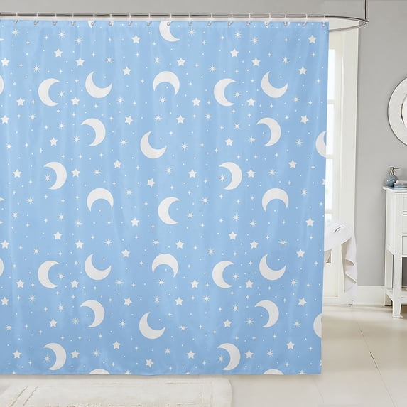 Manfei Minimalist Stars Polka Dot Shower Curtain 72Wx84L,Cute Moon Bathroom Shower Curtain,Light Blue White