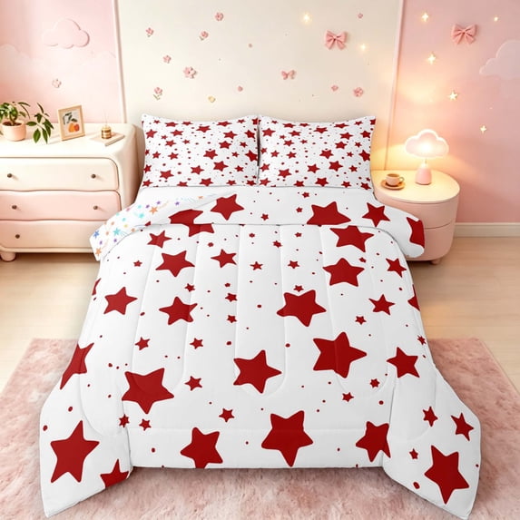 Manfei Minimalist Stars Queen Comforter Set,Kawaii Cartoon Themed Comforter Sets Queen,Red White,Colorful Stars Reversible,3pcs,1 Comforter and 2 Pillowcases