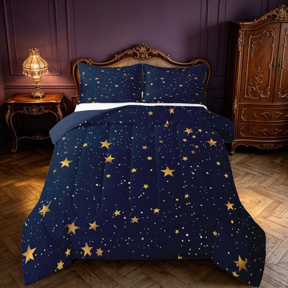 Manfei Minimalist Stars Queen Comforter Set,Playful Design Comforter Sets Queen,Navy Gold,Navy Blue Reversible,3-Piece,1 Comforter and 2 Pillowcases