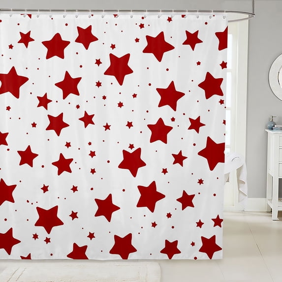 Manfei Minimalist Stars Shower Curtain 72Wx72L,Kawaii Cartoon Themed Bathroom Curtain,Red White
