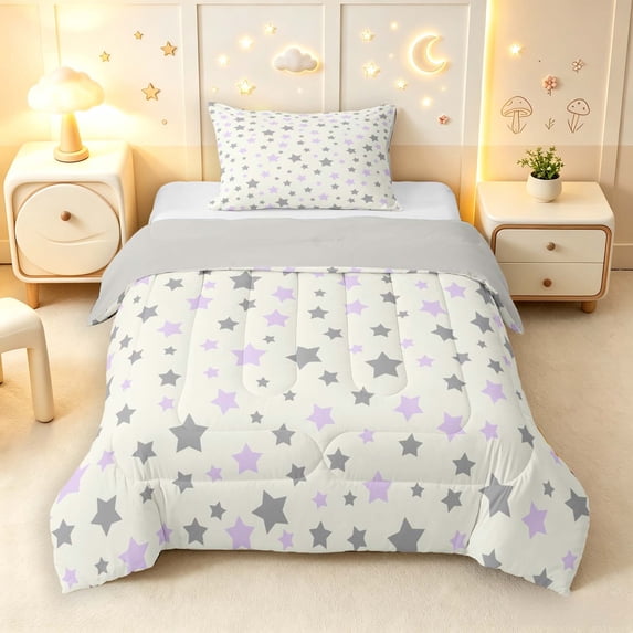 Manfei Minimalist Stars Twin Comforter Sets,Sprinkle Print Bedding Set,Gray Purple,Light Gray Reversible,2pcs,1 Comforter and 1 Pillowcase