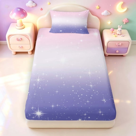 Manfei Minimalist Stars Twin Fitted Sheet,Watercolor Gradient Bedding,Pink Purple White,2 Pieces