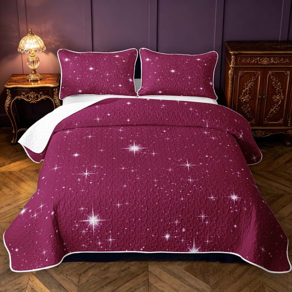 Manfei Minimalist Stars Twin Quilt Set,Kawaii Cartoon Theme Twin Coverlet Set,Burgundy White,Black Reversible,2 Pieces,1 Bedspread and 1 Pillowcase