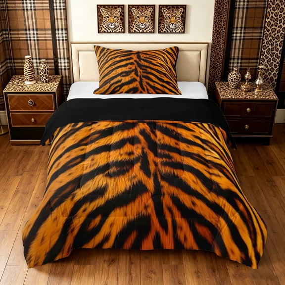 Manfei Minimalist Tiger Print Twin Comforter Sets, Rustic Animal Print Bedding Set, Brown Orange, Black Reversible, 2pcs, 1 Comforter and 1 Pillowcase
